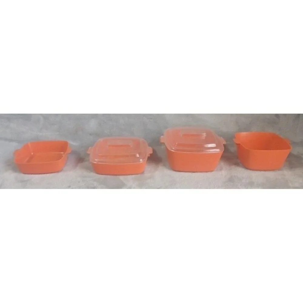 Vintage Toy Orange Nesting‎ Cookware Play Set of 4 with 2 Lids Retro MCM Pretend